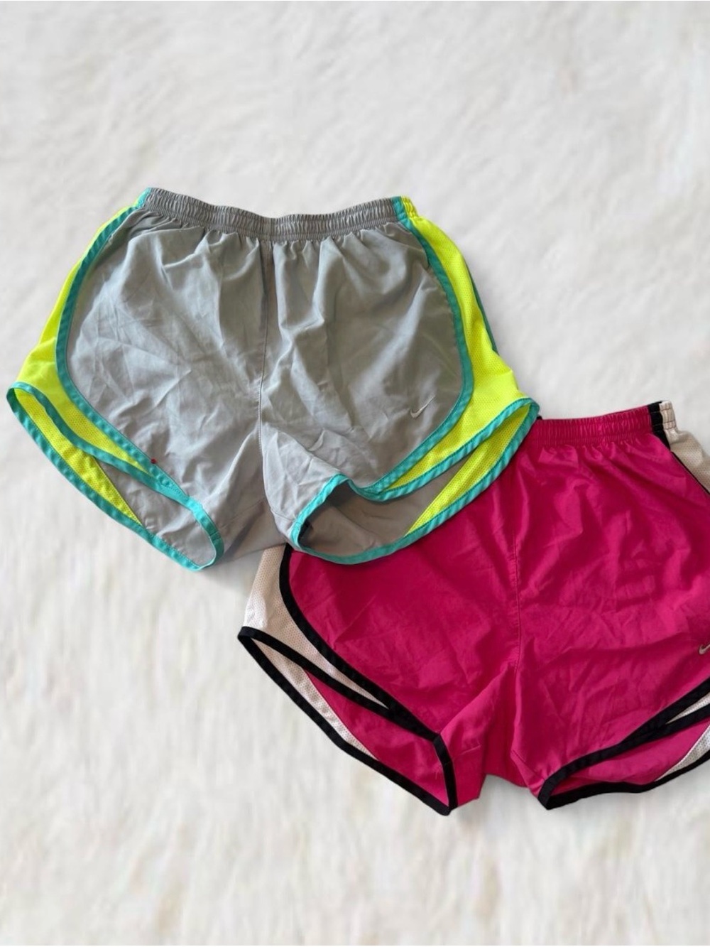Nike Women’s Athletic Shorts — Gray with Neon Yellow Trim & Bright Pink Pair